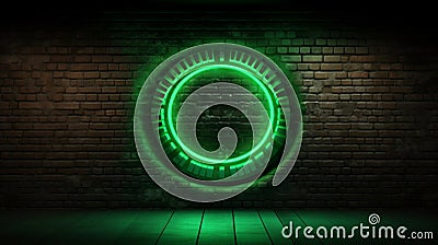 Eye-catching green neon circle on textured brick background Stock Photo