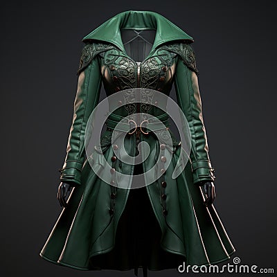 Eye-catching Green Women's Coat With Futuristic Victorian And Marvel Comics Style Stock Photo