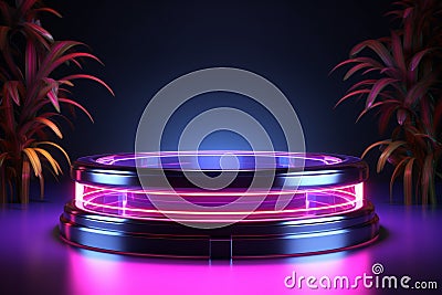 Eye catching podium Cylinder design with dynamic neon lighting for products Stock Photo