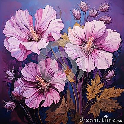 Eye-catching Purple Flowers On Neoclassical-inspired Background Cartoon Illustration