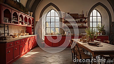 Eye-catching Red Kitchen With Medieval-inspired French Landscape Design Stock Photo