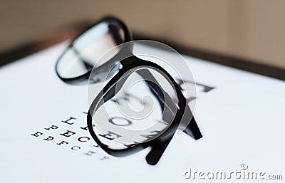 Eye chart on tablet and the glass with E Standard Logarithm Eyesight Table on top of the light screen Stock Photo