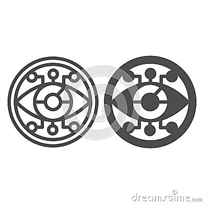 Eye circle with connections line and solid icon, neural network concept. Vector graphics. Visual recognition program Vector Illustration