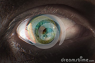 Eye close-up with bitcoin reflection Stock Photo