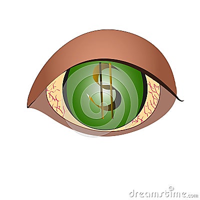 He eye with the dollar sign. greedy eyes.the green iris. greed is avarice.vector illustration isolated on a white Vector Illustration