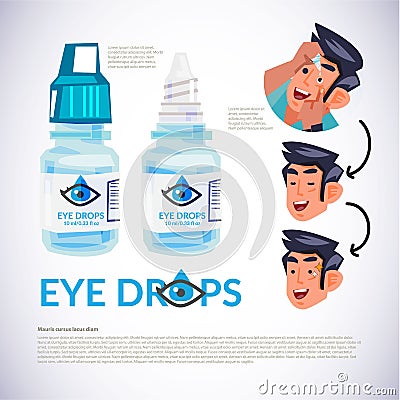 Eye drop bottle. young man applying eye drop to his eye. how to Vector Illustration