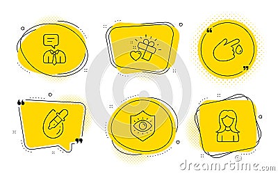 Eye drops, Love gift and Blood donation icons set. Support service, Eye protection and Woman signs. Vector Vector Illustration