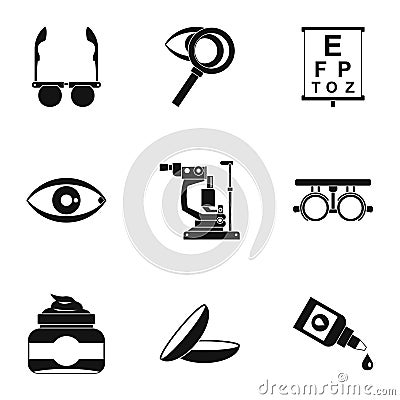 Eye exam icons set, simple style Vector Illustration