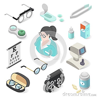 Eye examination professional equipment and ophthalmology set Vector Illustration