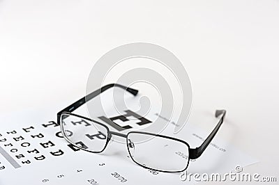 Eye glasses on eyesight test chart background Stock Photo