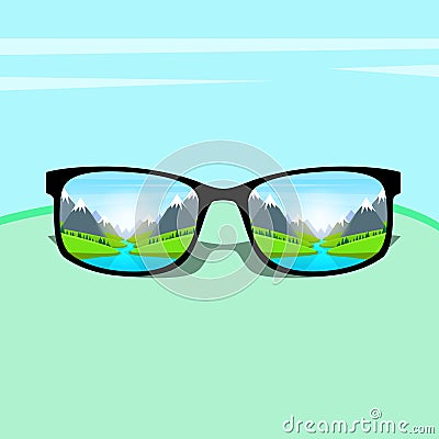 Eye Glasses With Mountain Water River Landscape Forest Green Park Blue Sky Vacation Rest Dream Concept Vector Illustration