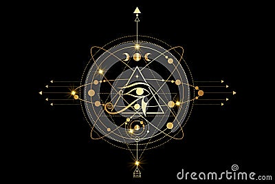 Eye Of Horus Logo design. Gold ancient symbol of Egyptian pyramid, third Eye, cosmic symbols, orbits of planets, lunar system Vector Illustration