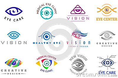 Eye logo vector eyeball icon eyes look vision and eyelashes logotype of medical care optic company supervision Vector Illustration