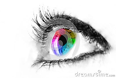 Eye macro in high key black and white with colourful rainbow in Stock Photo