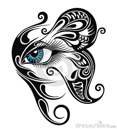 Eye make up with butterfly. Tattoo eye Vector Illustration