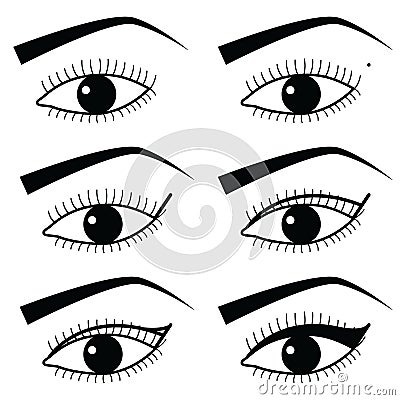 Eye make up technique with use of Eyeliner in Asian style tutorial method 2, simple black and white eyes icons Vector Illustration