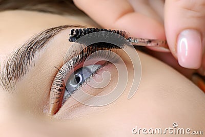 Eye of the model with the formation of cilia, the master combs the eyelashes with a brush Stock Photo