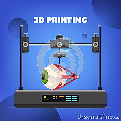 eye model prints on 3d bio printer medical printing of human transplantation organ biological engineering bioprinting Vector Illustration