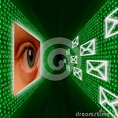 An eye monitoring emails and binary code Stock Photo