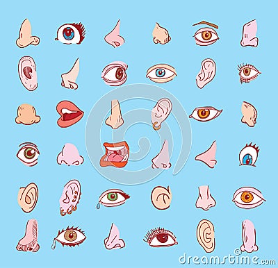 Eye nose ear and mouth collection in different expressions. icon illustration Vector Illustration