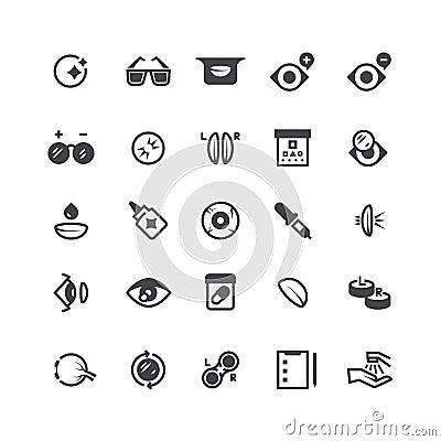 Eye problems, optical contact lens and eyeglasses icons. Eyeball laser surgery vector medical symbols Vector Illustration