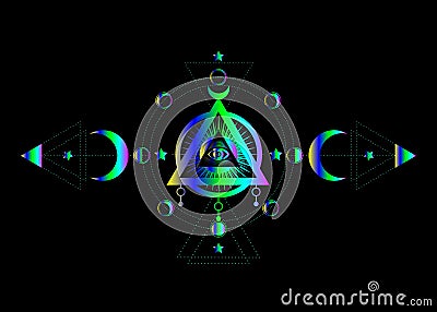 Eye of Providence. Masonic symbol. All seeing eye inside triple moon pagan Wicca moon goddess symbol. Vector illustration. Tattoo Vector Illustration