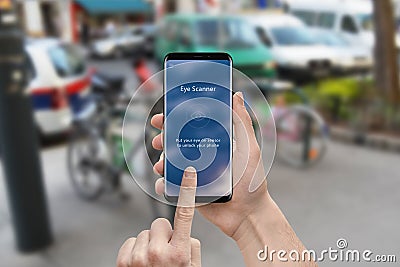 Eye scanner app on modern mobile phone. User interface flat design Stock Photo