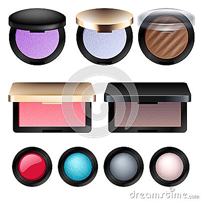 Eye shadow and blush cosmetic products set. Vector Illustration