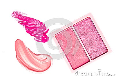 Eye shadow powder or blush makeup palette as flat lay, pink cosmetic smear, eyeshadow and lip gloss isolated on white Stock Photo