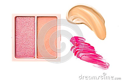 Eye shadow powder or blush makeup palette as flat lay, pink and orange cosmetic smear, eyeshadow and lip gloss isolated Stock Photo