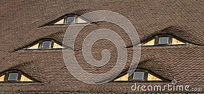 Eye shaped windows on top of an old brown roof Stock Photo