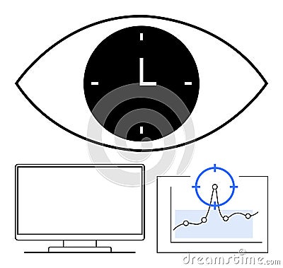 Eye Symbol with Clock Center, Computer Monitor, and Analytics Chart for Productivity Concept Vector Illustration