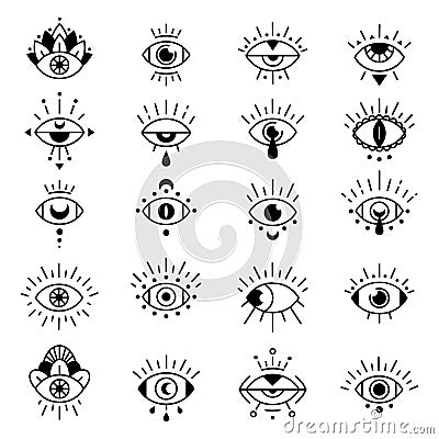 Eye symbols. Evil eyes sign, decorative alchemy tattoo symbol, hipster occult style mystic amulet illustration Cartoon Illustration