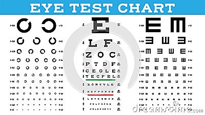 Eye Test Chart Set Vector. Vision Test. Optical Exam. Healthy Sigh. Medical Care. Ophthalmologist, Ophthalmology Vector Illustration