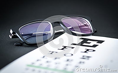 Eye test and sight exam concept. Glasses on letter chart. Stock Photo