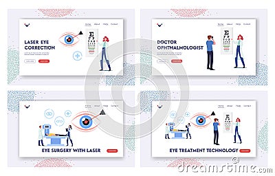 Eye Treatment Technology Landing Page Template Set. Professional Optician Exam for Laser Correction, Vision Surgery Vector Illustration