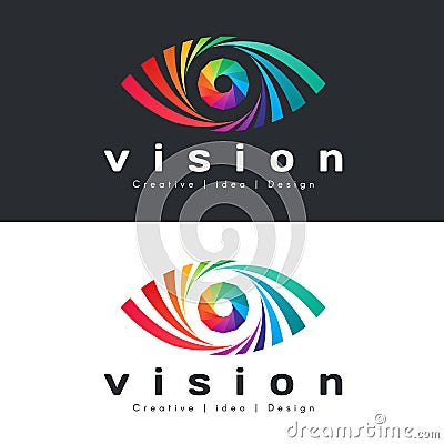 Eye vision logo with abstract colorful rainbow eye on dark and white background vector design Vector Illustration