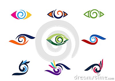 Eye vision logo, fashion, eyelashes, collection swirl eyes logos, circle optic illustration symbol, sphere vortex icon vector Vector Illustration