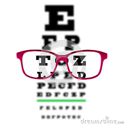 Eye vision test chart seen through eye glasses, white background Stock Photo