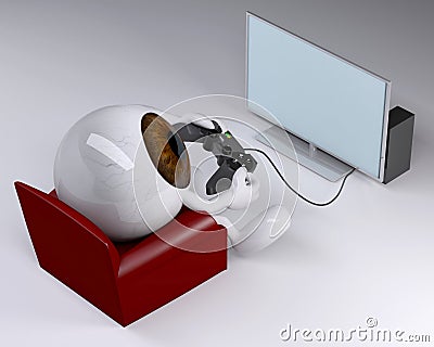 Eyeball on armchair with arms, legs and game controller Stock Photo