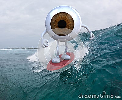 Eyeball with arms and legs surfing on the sea Cartoon Illustration