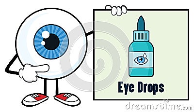 Eyeball Cartoon Mascot Character Showing A Banner With Eye Drops Vector Illustration