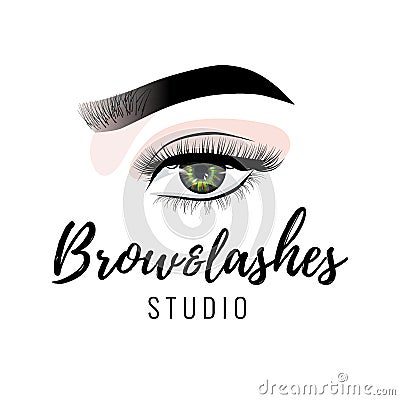Eyebrow and eyelashes studio logo, beautiful perfect eye makeup design, long black lashes, vector Vector Illustration