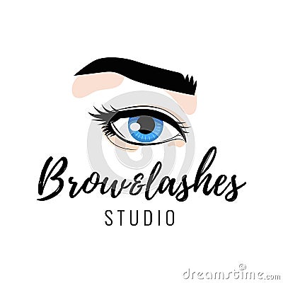 Eyebrow and eyelashes studio logo, beautiful perfect eye makeup design, long black lashes, vector Vector Illustration