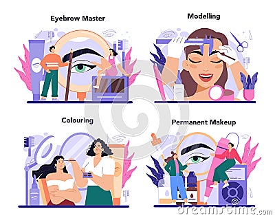 Eyebrow master concept set. Master making perfect eyebrows. Eyebrow shaping Vector Illustration