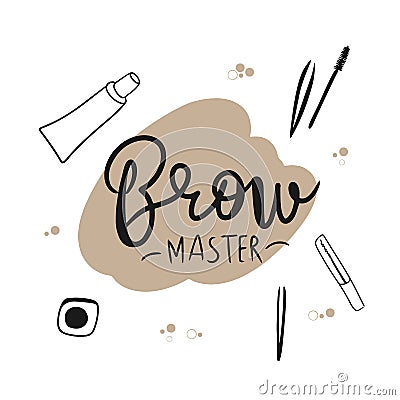 Eyebrow master, handwritten lettering, microblading, cosmetic procedure process concept and accessories Vector Illustration
