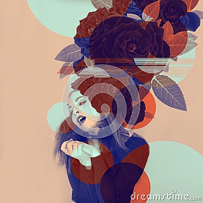 Eyecatching beautiful woman artwork with roses and color effects in duotone Stock Photo