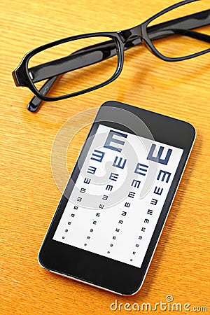 Eyechart on mobile with glasses Stock Photo