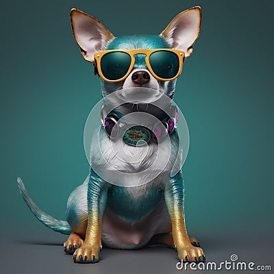 pet dog chihuahua background yellow cute portrait glasses doggy puppy animal. Generative AI. Stock Photo