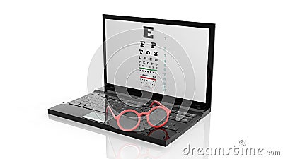 Eyeglasses on laptops keyboard with eyesight test on screen Stock Photo